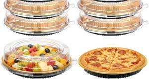 lot 1008 image: Five Pcs 9.8 Disposable Pie Containers with Clear Lids, Sturdy Plastic Round Pie Keeper, Dessert Flan Pizza Fruit Salad Cake Carrier Box for Party Picnic Food Carry - Retail $16