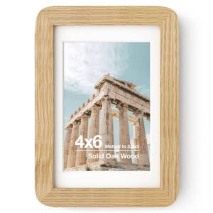 lot 1009 image: FLYJOE 4x6 Picture Frame  Solid Oak Wood 4x6 Frame With Mat For 3.5x5  Plexiglas And Hanging Hardware Included  Natural Oak, 1 Pack - Retail $10