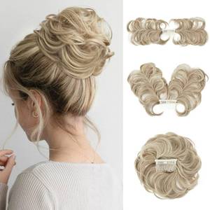 lot 1038 image: youngways Messy Bun Hair Piece Side Comb Clip in Hair Bun Hairpiece for Women Short Natural Straight Versatile Adjustable Styles Easy Hair pieces (Dirty Blonde-C) - Retail $10
