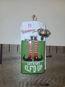 lot 11 image: Holiday Elf Themed Flask with Funnel Lets Get Elfd Up