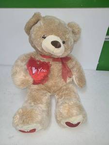 lot 17 image: Plush Teddy Bear with Red Leaf I Love You Chest Patch and Ribbon Bow