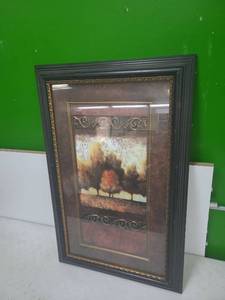 lot 19 image: Framed Landscape Print with Trees Dark Green Frame Gold Trim