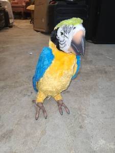 lot 21 image: Decorative Parrot Figurine Blue Yellow Plush Bird Statue