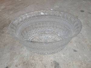 lot 23 image: Clear Glass Oval Bowl with Geometric Pattern and Handles