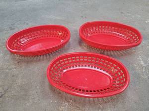 lot 36 image: Red Plastic Oval Food Service Baskets 8 total