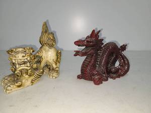 lot 128 image: Two Decorative Figurines Lion and Dragon Statues