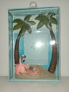 lot 140 image: Beach Scene Wall Art with Palm Trees Flamingo and Sand