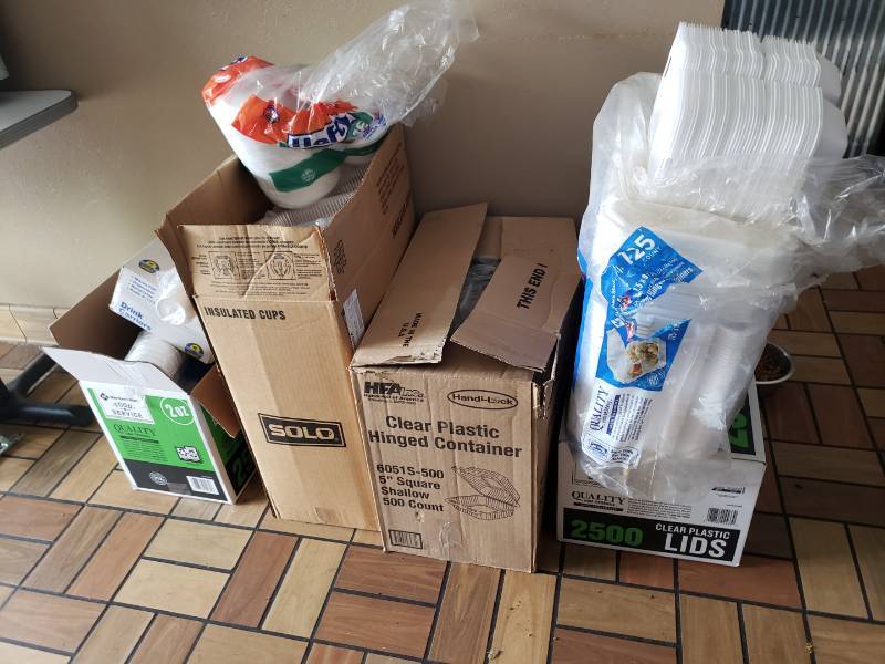 lot 3046 image: Large lot of paper supplies, boxes pretty full.  Hinged containers, coffee cups, cutlery, commercial coffee filters,  nacho boats, salt n pepper, paper bags and more