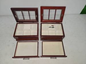 lot 49 image: 2 Jewelry Display Boxes with Glass Lids and Compartments with Sterling silver rings