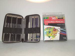 lot 54 image: Art Supplies Lot Pencil Case with Drawing Pencils and 80-Count Colored Pencil Set