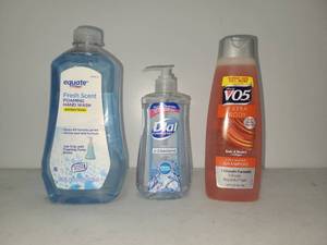 lot 58 image: Personal Care Lot Equate Hand Wash, Dial Soap, VO5 Shampoo 3 Bottles