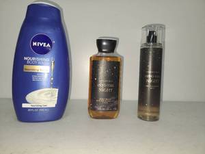 lot 59 image: NIVEA Nourishing Body Wash 20 oz, Bath & Body Works Into the Night Body Wash 10 oz, Fine Fragrance Mist 8 oz Lot