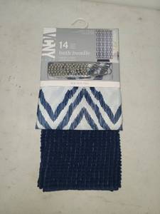 lot 82 image: Vigm Home 14-Piece Bath Bundle Shower Curtain Hooks Noodle Rug