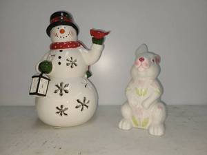 lot 97 image: Holiday Ceramic Decorative Figurines Snowman and Bear 2-Piece Set