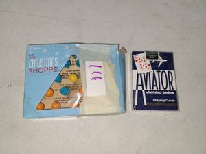 lot 116 image: The Christmas Shoppe Wood Peg Game and Aviator Jumbo Index Playing Cards Lot