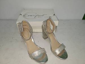 lot 130 image: Comfort EST. 1946 Silver Rhinestone Block Heel Sandals with Ankle Strap