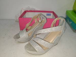 lot 134 image: Silver Glitter Wedge Sandals with Ankle Strap