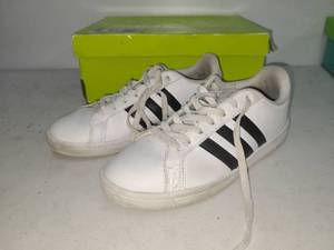 lot 135 image: Adidas White Black Stripe Low Top Court Sneakers Pair