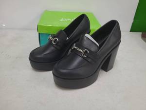 lot 136 image: Black Platform Loafers with Metal Buckle Detail Pair