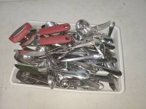 lot 148 image: Flatware and Kitchen Utensil Lot with Red Handles in White Tray
