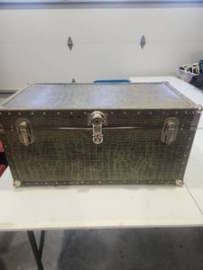 lot 27 image: Steamer Trunk with Crocodile Embossed Pattern Metal Bands and Latches