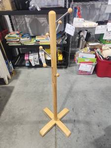 lot 37 image: Wooden Coat Rack Stand with Ball Knobs and Metal Hooks