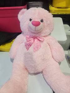 lot 45 image: Pink Plush Teddy Bear with Heart Nose and Bow