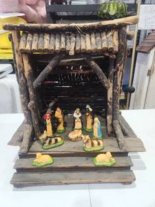 lot 47 image: Nativity Scene with Wooden Stable Structure and Figurines