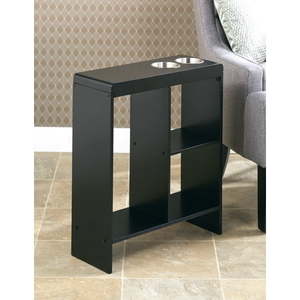 lot 1132 image: Slim Wood End Table with Drink Holders and Built-in Shelving - Black
