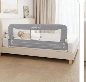 lot 1133 image: HOMEAL Bed Rail for Toddlers, 59 Extra Long Swing Down Bed Guard with Double Reinforced Stability, Foldable Metal Safety Rail for King, Queen, Full & Twin Beds, Grey