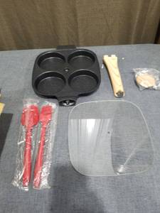 lot 1138 image: 4-Cup Egg Pan Nonstick, Egg Frying Pan with Lid Pancake Pan, Omelet Pan Induction Compatible for Breakfast- Black