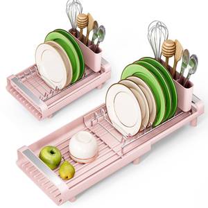 lot 1145 image: TOOLF Small Dish Drying Rack, Mini Expandable Compact Dish Rack, Slim Extendable Stainless Steel Dish Drainer for Kitchen Plate Storage, Space Saving Dish Strainer in Sink or on Home Countertop, Pink