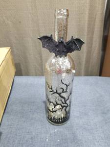 lot 1183 image: Halloween Tabletop Decor Mercury Glass Bottle with Bat and Tree Motif No Cork