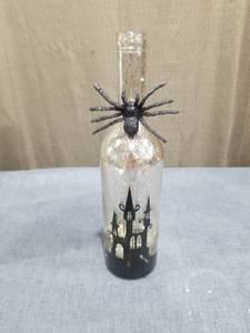lot 1184 image: Halloween Tabletop Decor Mercury Glass Bottle with Spider and Haunted House Motif No Cork