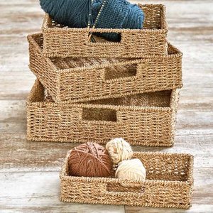 lot 1186 image: Woven Seagrass Wicker Storage Baskets with Metal Frames - Set of 4
