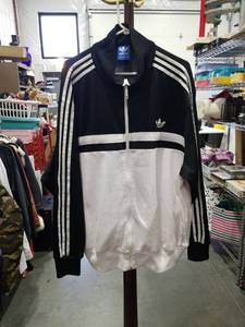 lot 1260 image: Adidas Track Jacket Black White 3 Stripes Full Zip Size 2XL