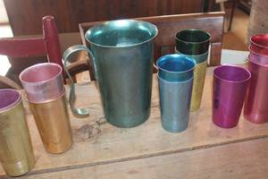 lot 2373 image: Vintage Aluminum Pitcher and Tumblers