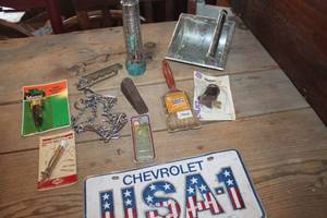lot 2490 image: Vtg. Flashlight, License Plate and More