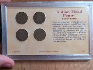 lot 1001 image: American Historic Society Indian Head Penny 1859-1909 Set 4 Coins