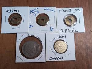 lot 1106 image: Middle East Coin Lot 5 Pieces Jordan Lebanon Israel 10 Agorot 1 Piastre 1955 1958