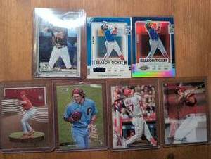 lot 6006 image: Baseball All Stars Baseball Trading Cards Including Fernando Tatis Jr, Vladamir Guerrero Jr, Alec Bohm, And Mike Trout - 7 ct