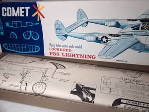 lot 8000 image: Comet Lockheed P38 Lightning Flying Balsa Wood Scale Model Wingspan 34