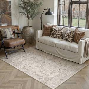 lot 764 image: 4x6 Beige Washable Area Rug Non-Slip Vintage Carpet, Pet-Friendly