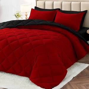 lot 768 image: $70 7-Piece Queen Comforter Set, Reversible Bed in a Bag, Red & Black