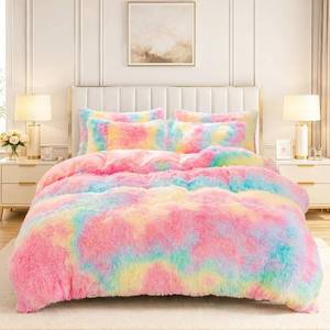 lot 769 image: ZRNBAST Shaggy Duvet Cover only Twin Rainbow Tie-Dye Faux Fur