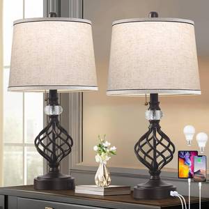 lot 785 image: $50 Bedside Lamps Set of 2, Coffee Gold Iron Scroll Lamp with USB