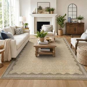lot 806 image: $70 GarveeHome Scalloped Washable Area Rug 6x9, Tan Jute, Non-Slip