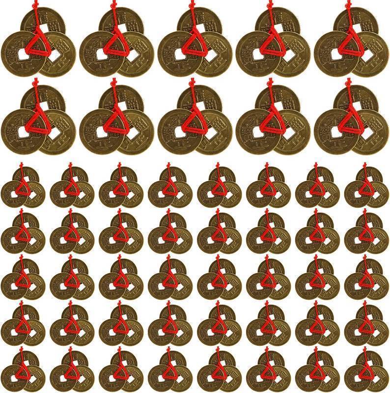 lot 64013 image: Peohud 150 Pieces Chinese Fortune Coins, 1 Inch Feng Shui Coins, Ancient Chinese Dynasty Coin with Red String for Chinese Lunar New Year Wealth, Good luck, and Success, 50 Sets Coins