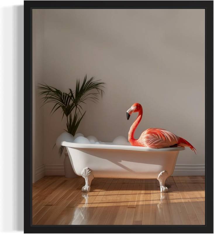 lot 65540 image: Flamingo in Bathtub Wall Art Print Poster, Bathroom Decor Posters Prints for Restroom Home Picture Painting Artwork Gallery 1 (Flamingo, 10L x 8W, Unframed)