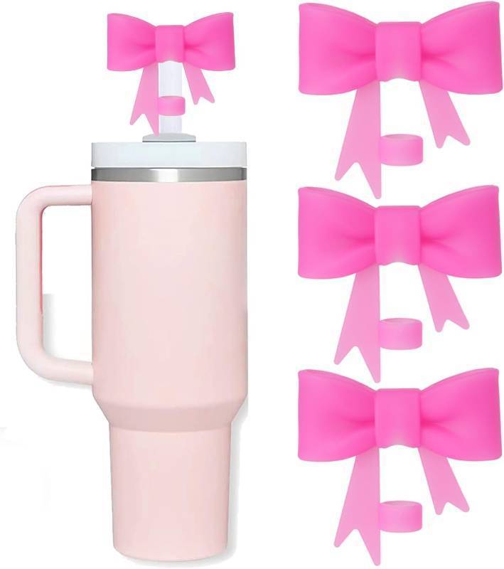 lot 65777 image: Bow Straw Covers Cap Toppers Compatible with Stanley Tumbler Cups, Cute Rose 10mm Reusable Silicone Straws Topper for 40oz Tumbler with Handle, Stanleys Cup Accessories,3Pcs